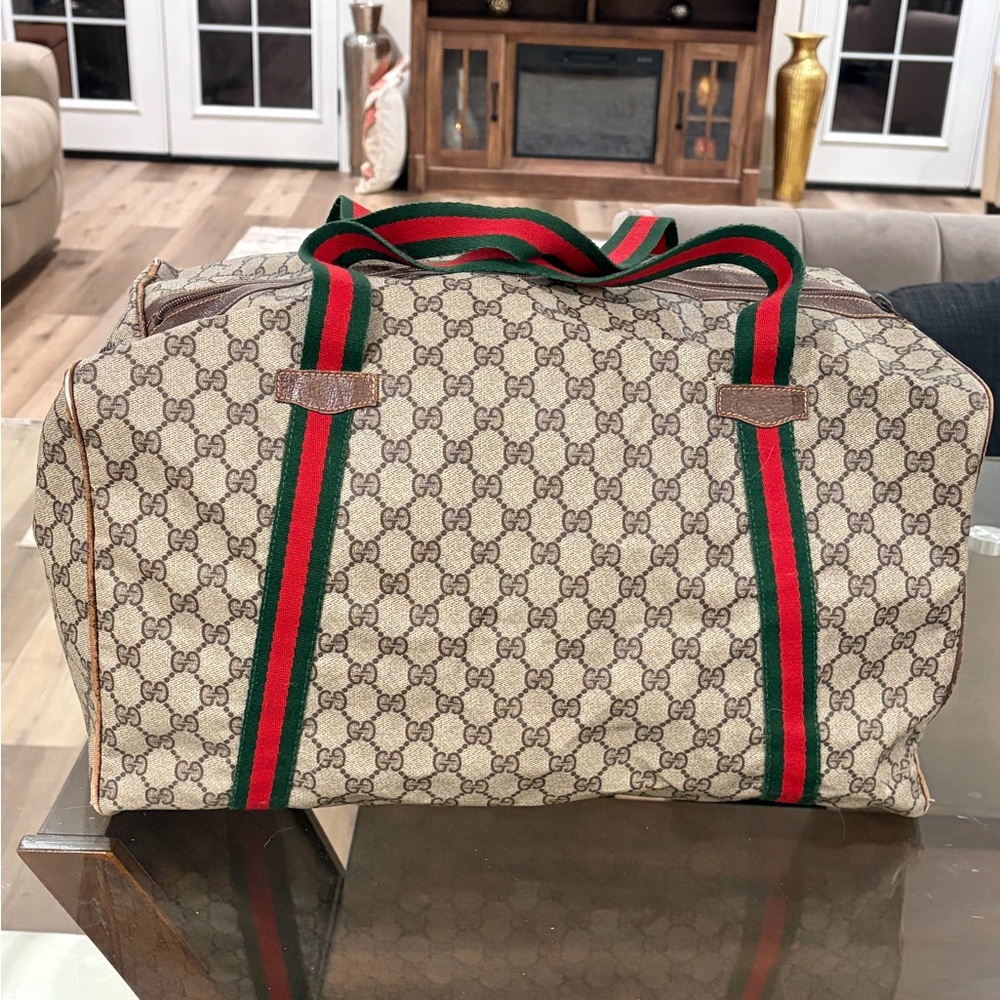 Vintage Gucci Monogram
Canvas Duffle Bag Green Red Web Stripe  Authentic